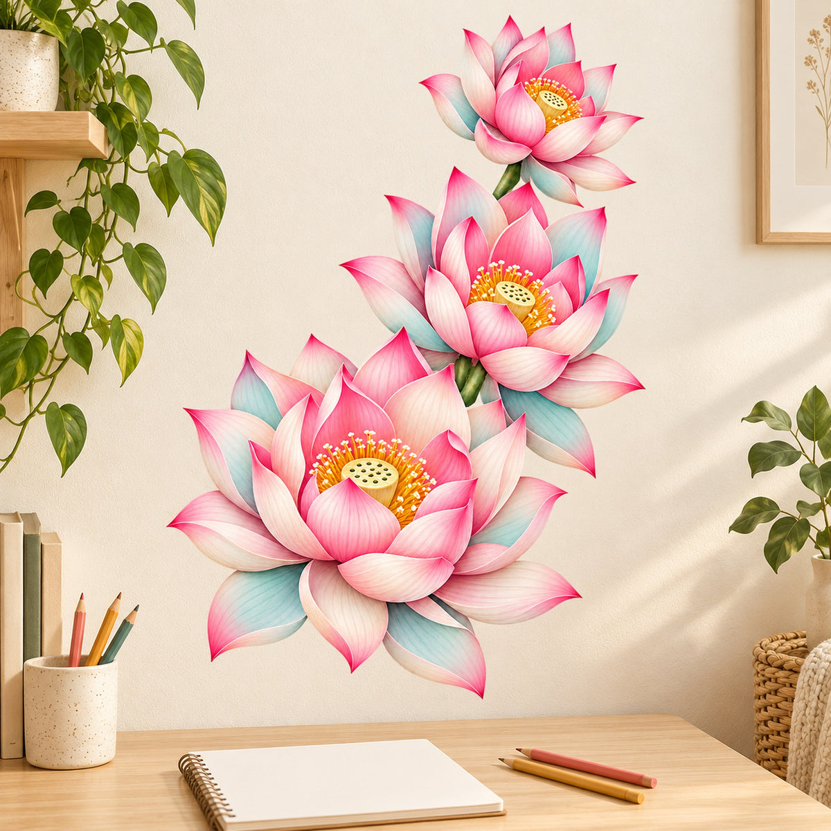 Lotus-Kaskade Wandtattoo – Kreativer Arbeitsplatz im warmen Referenzstil