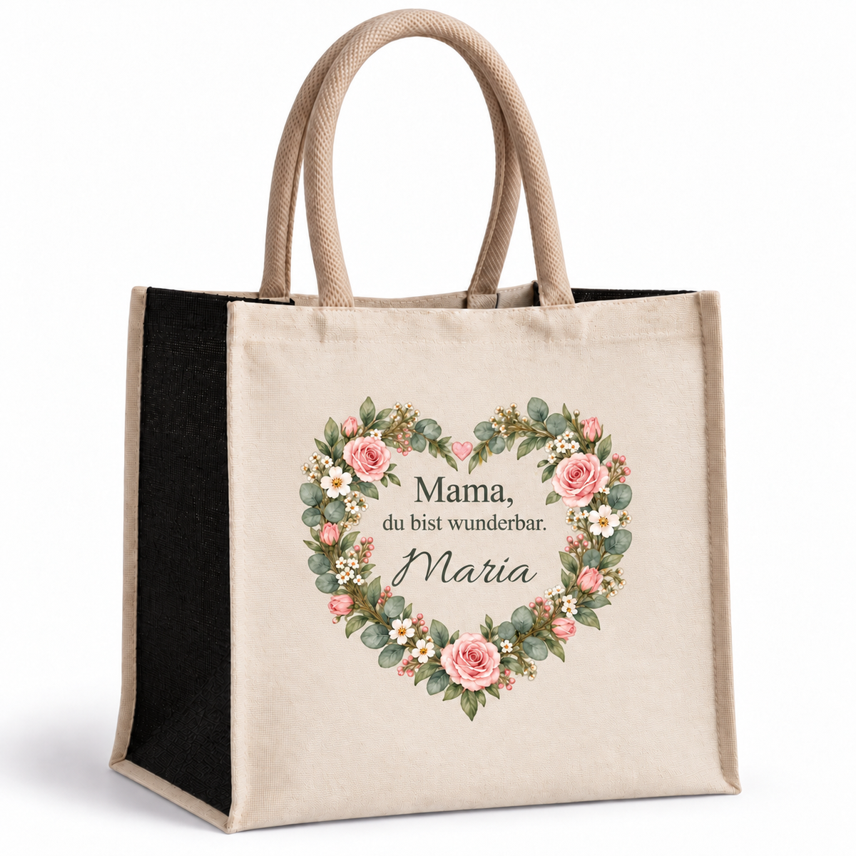 Personalisierte Mama-Tasche mit Blütenherz und Wunschname