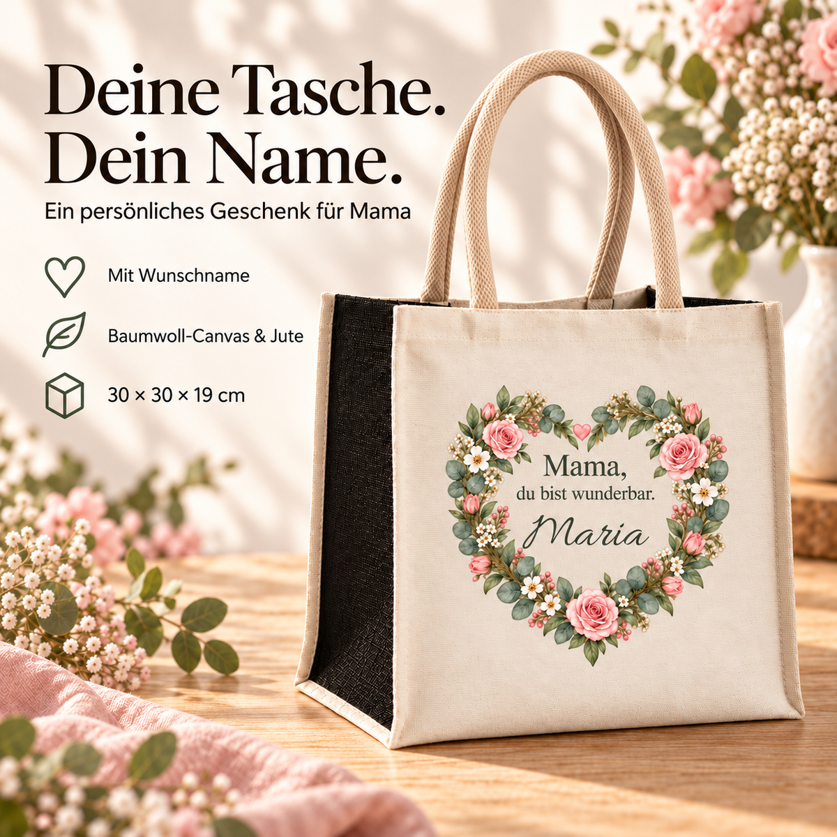 Produktdetails der Canvas-Tasche mit schwarzen Juteseiten und Blütenherz