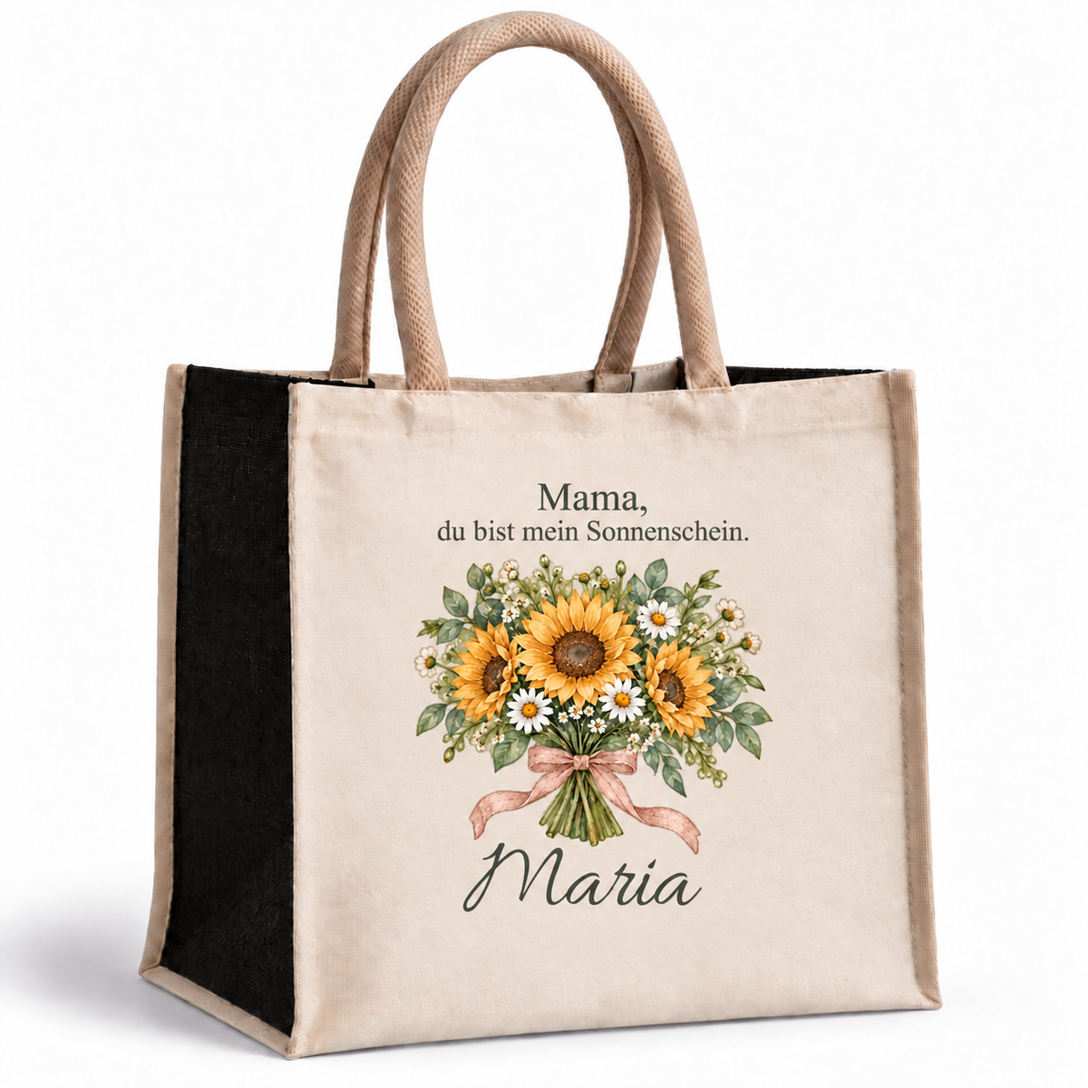 Naturfarbene Tasche mit schwarzen Seiten, Sonnenblumen und personalisiertem Mama-Spruch