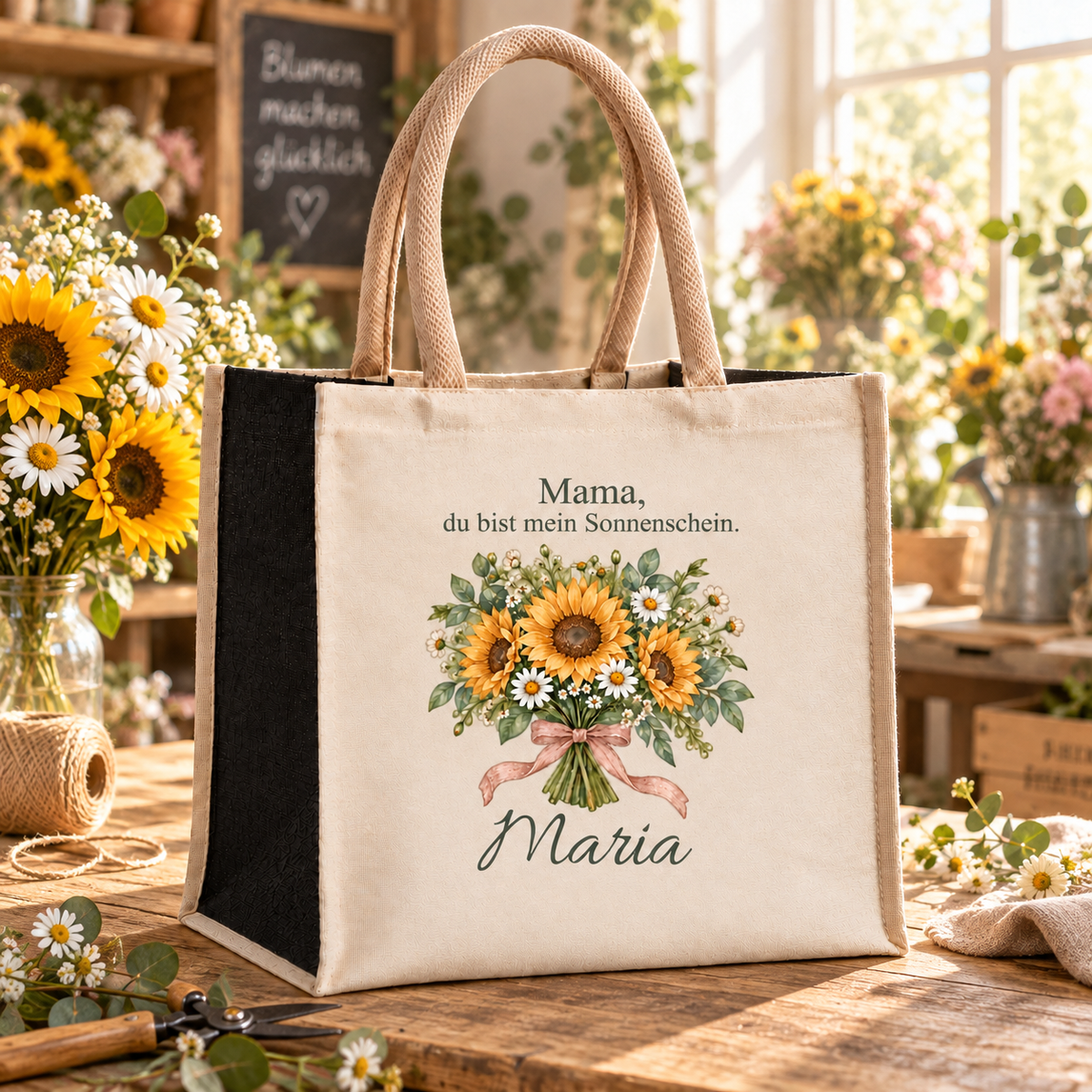 Mama-Tasche mit Sonnenblumen und Wunschname im Blumenatelier