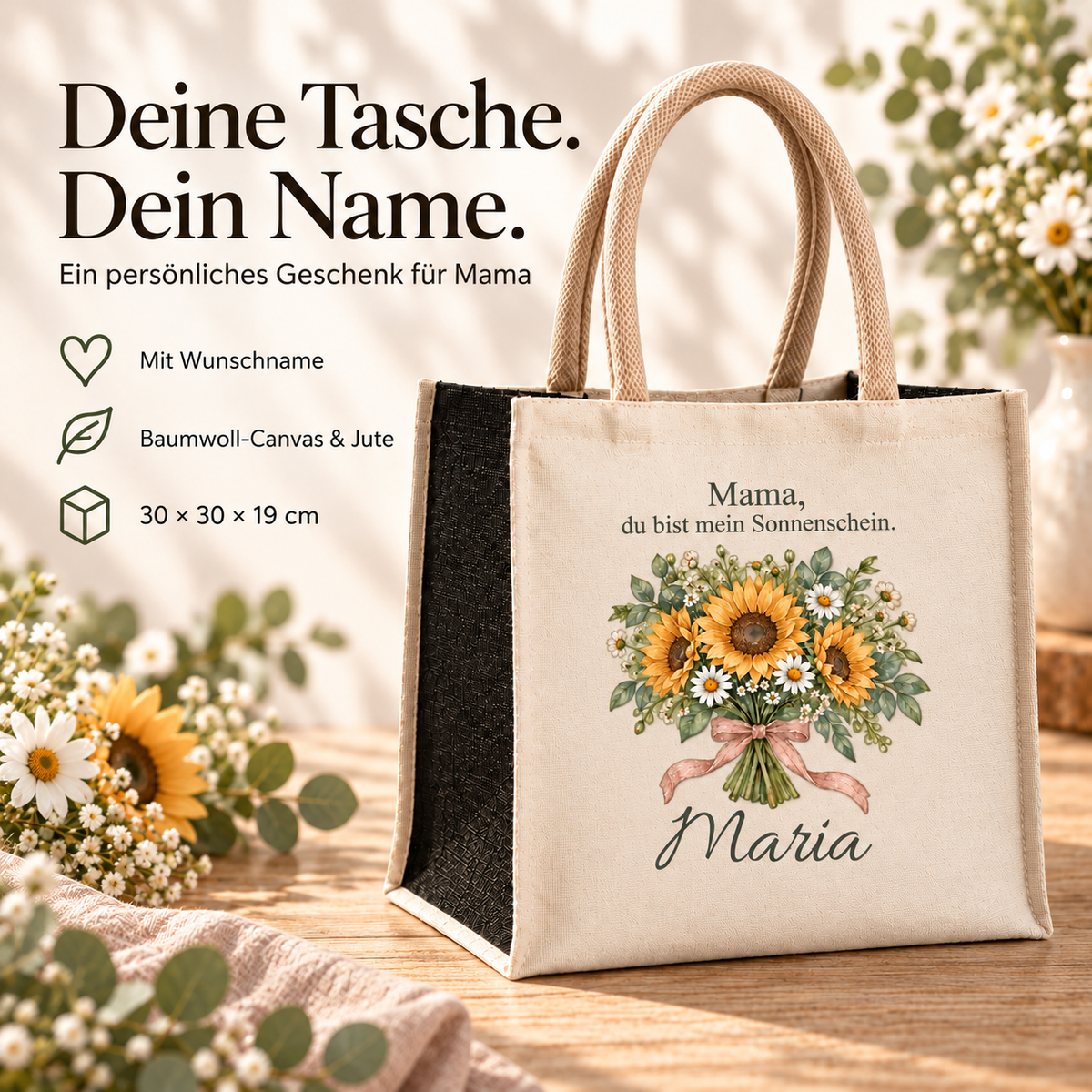Produktdetails der Canvas-Tasche mit schwarzen Juteseiten und Sonnenblumen