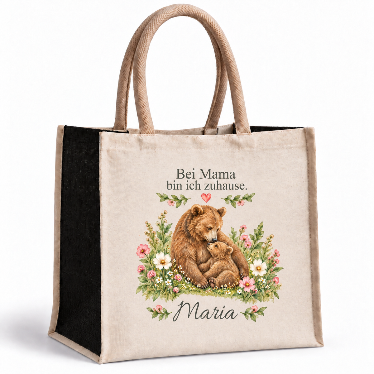 Naturfarbene Tasche mit schwarzen Seiten, Mama-Bär und personalisiertem Mama-Spruch