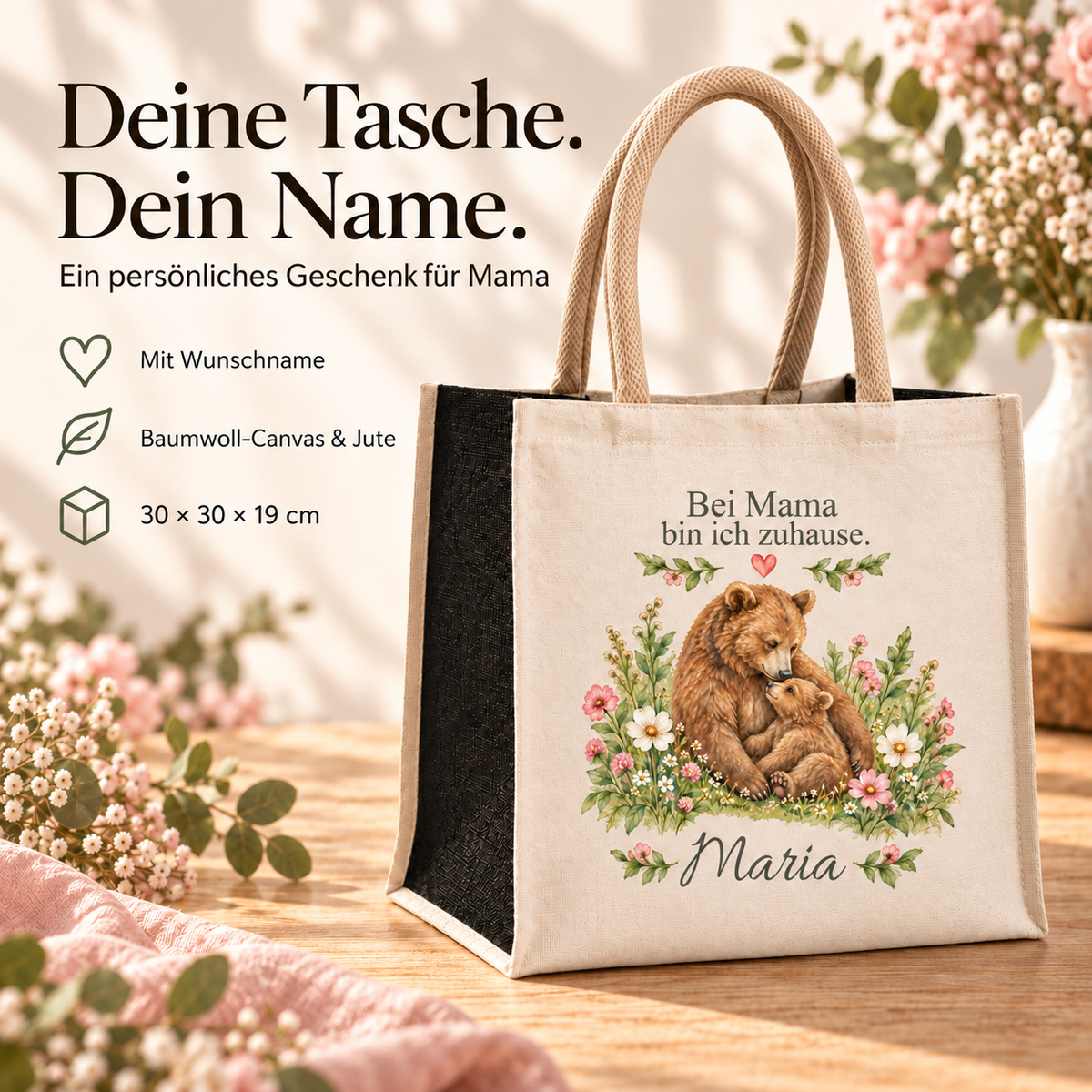 Produktdetails der Canvas-Tasche mit schwarzen Juteseiten und Mama-Bär
