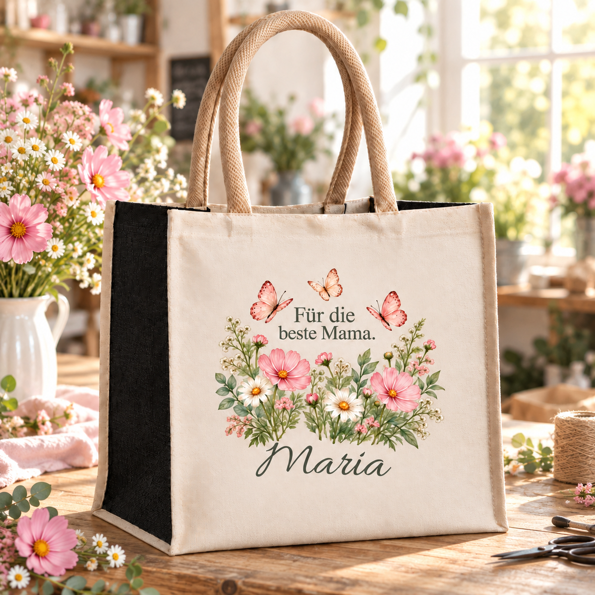 Mama-Tasche mit Schmetterlingen und Wunschname im Blumenatelier