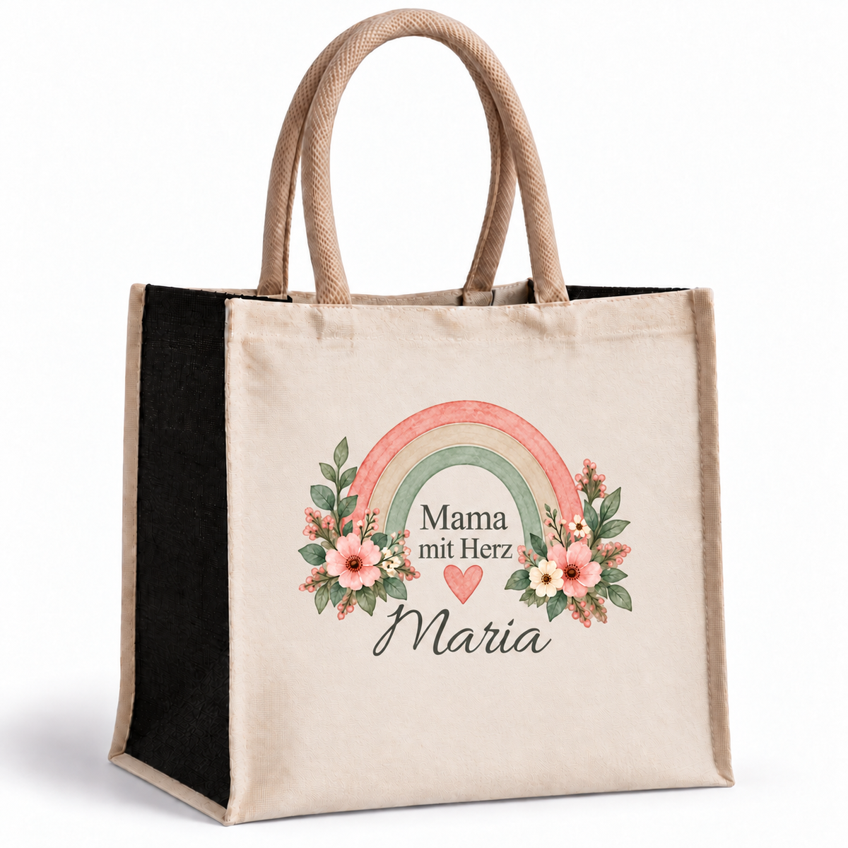 Naturfarbene Tasche mit schwarzen Seiten, Regenbogen und personalisiertem Mama-Spruch