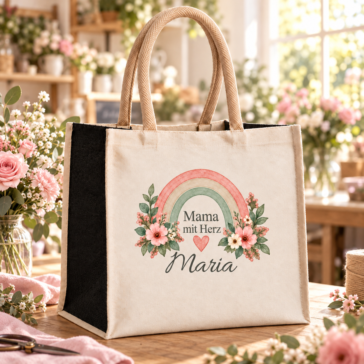 Mama-Tasche mit Regenbogen und Wunschname im Blumenatelier