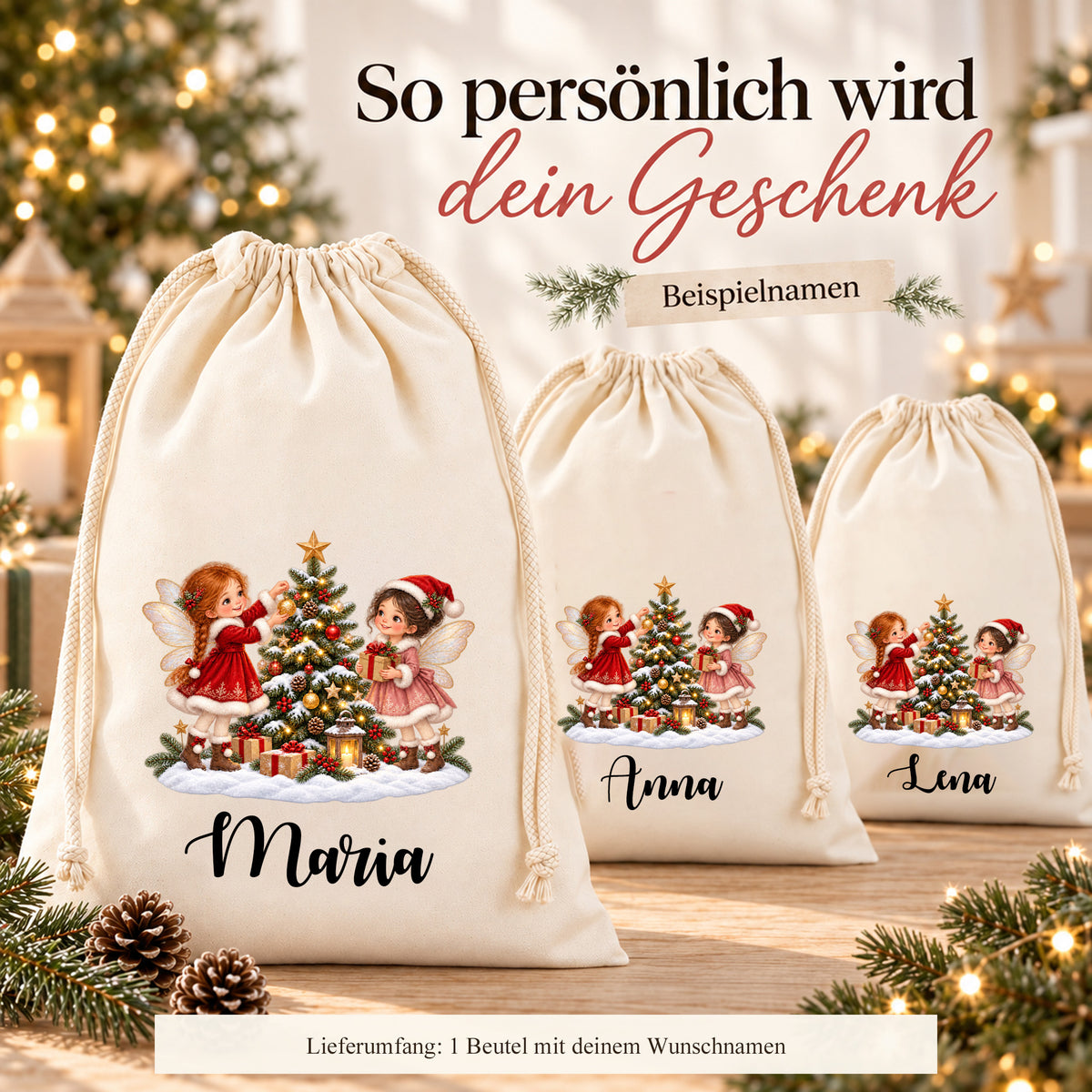 Personalisierungsbeispiele mit zwei Feen an einem verschneiten Weihnachtsbaum und den Namen Maria, Anna und Lena. Der Bildhinweis nennt einen Beutel als Lieferumfang.