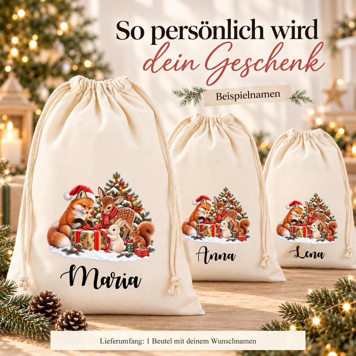Personalisierungsbeispiele mit Fuchs, Rehkitz, Hase und Eichhörnchen um ein Geschenkpaket und den Namen Maria, Anna und Lena. Der Bildhinweis nennt einen Beutel als Lieferumfang.
