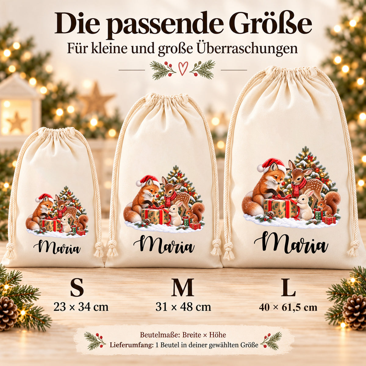 Illustrative Größenübersicht der Nikolaussäcke mit Fuchs, Rehkitz, Hase und Eichhörnchen um ein Geschenkpaket: S 23 × 34 cm, M 31 × 48 cm und L 40 × 61,5 cm, jeweils Breite × Höhe.