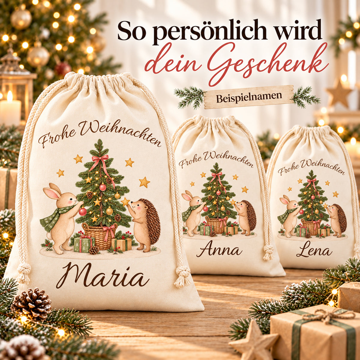Nikolaussäcke mit Hase und Igel und verschiedenen Wunschnamen als Beispiele für die Personalisierung.