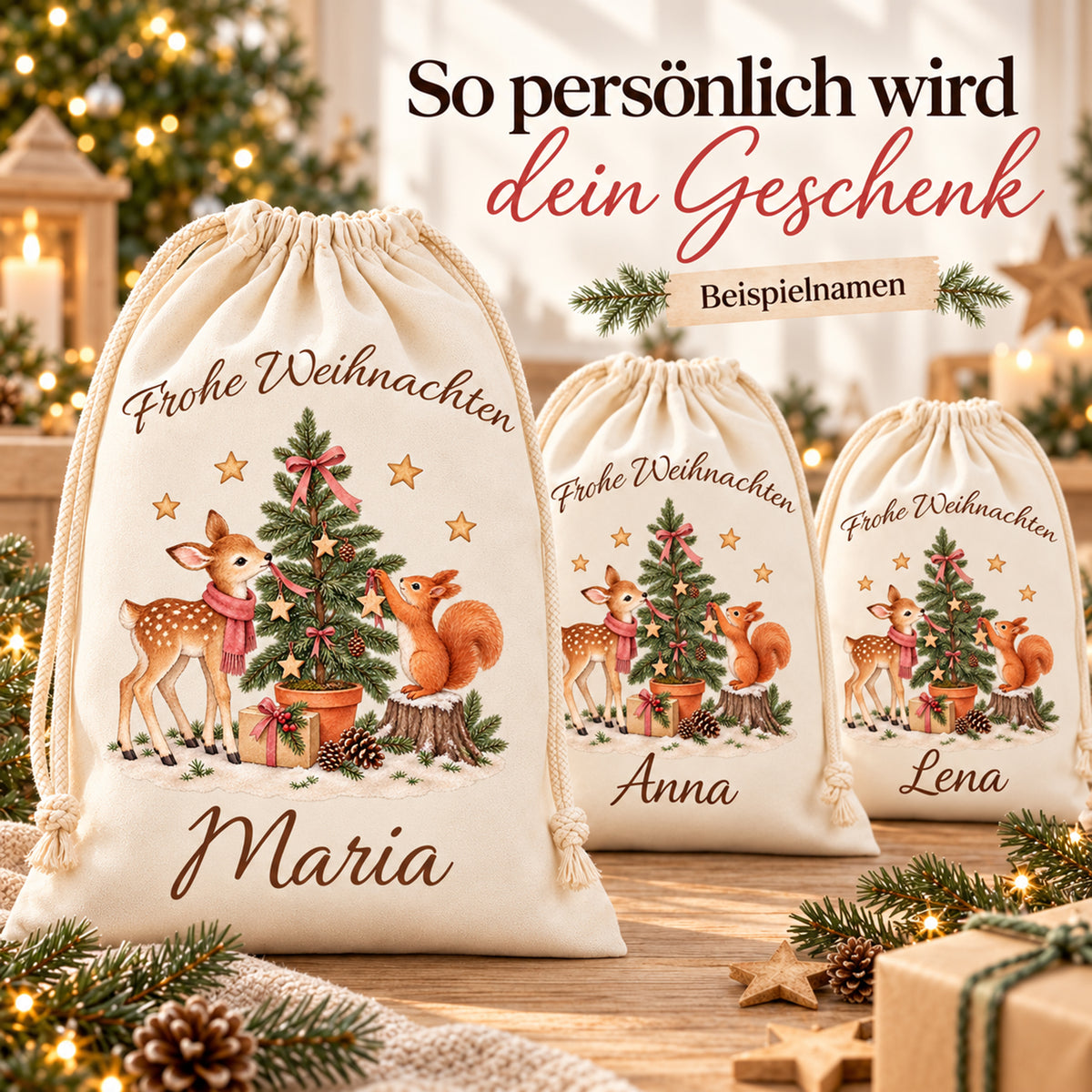 Nikolaussäcke mit Reh und Eichhörnchen und verschiedenen Wunschnamen als Beispiele für die Personalisierung.