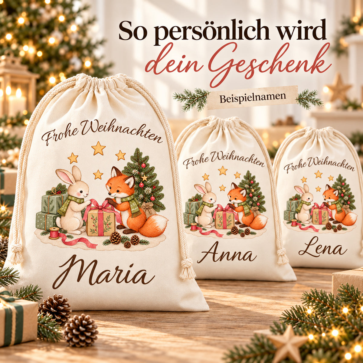 Nikolaussäcke mit Fuchs und Hase und verschiedenen Wunschnamen als Beispiele für die Personalisierung.