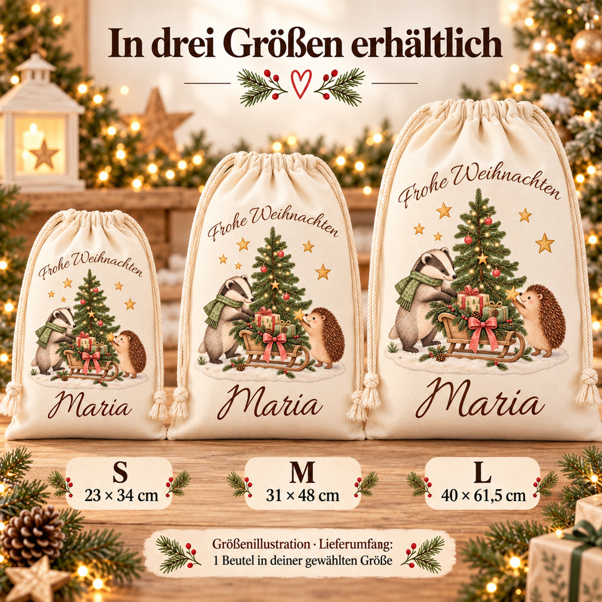 Nikolaussäcke mit Dachs und Igel im Größenvergleich: S 23 × 34, M 31 × 48 und L 40 × 61,5 cm.