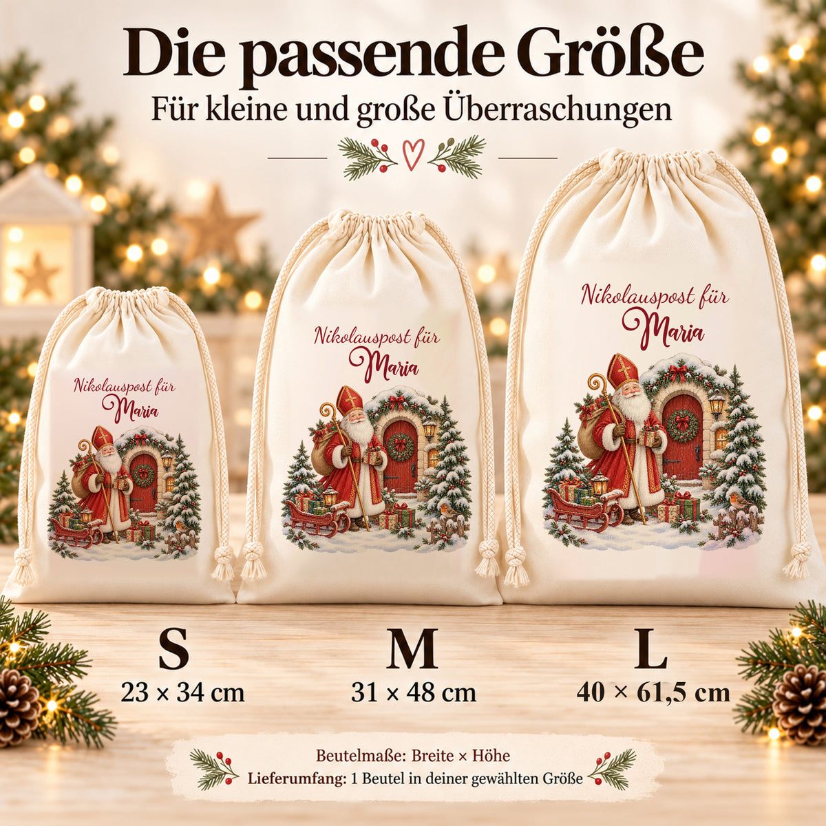 Nikolaussack Nikolauspost im Größenvergleich: S 23 × 34 cm, M 31 × 48 cm und L 40 × 61,5 cm, jeweils Breite × Höhe.