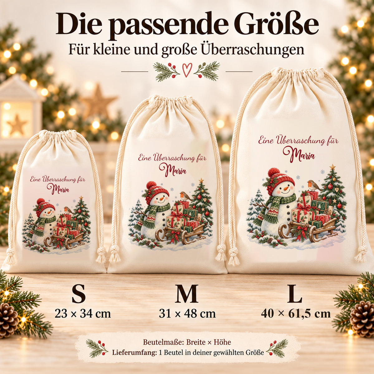 Nikolaussack Schneemann im Größenvergleich: S 23 × 34 cm, M 31 × 48 cm und L 40 × 61,5 cm, jeweils Breite × Höhe.