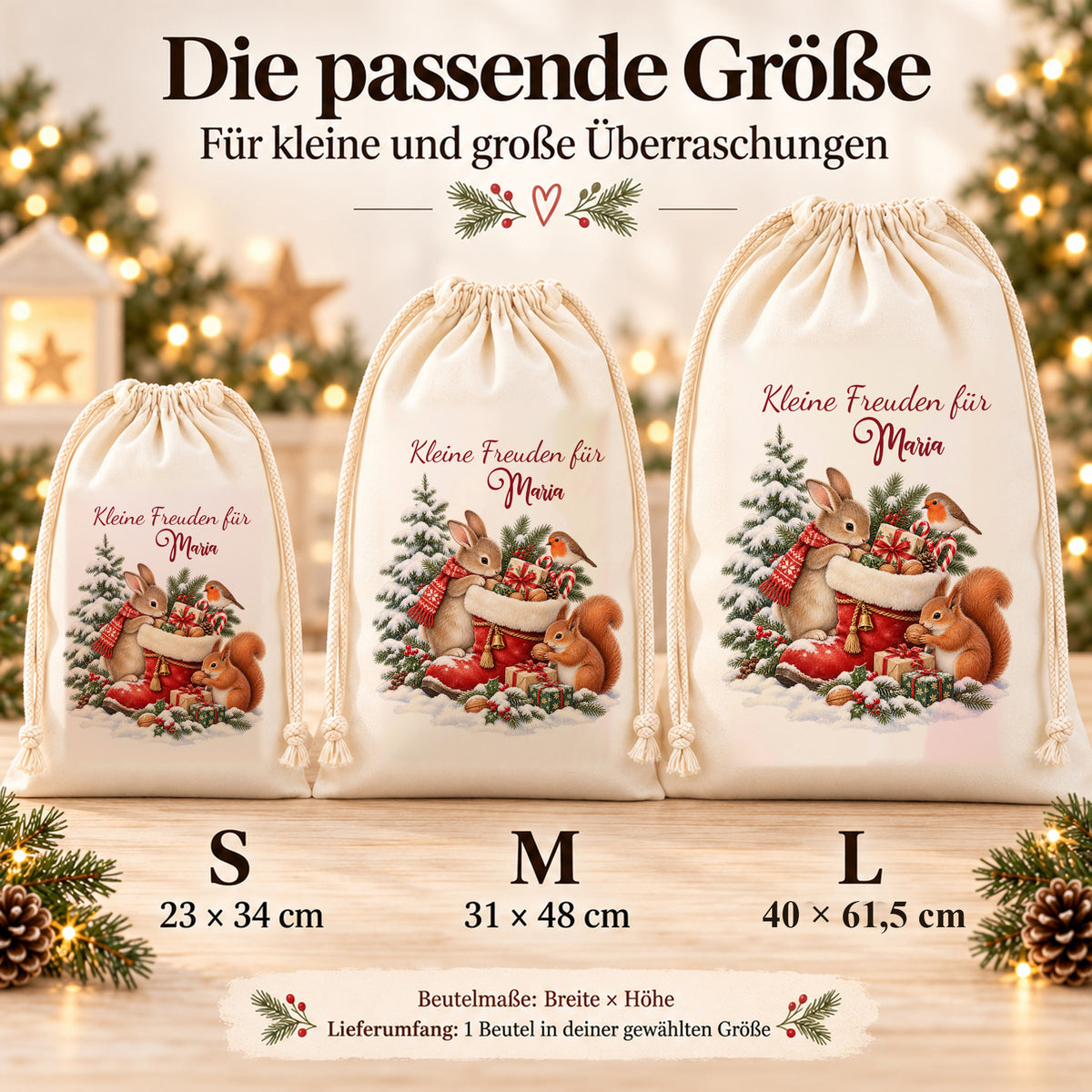 Nikolaussack Waldtiere im Größenvergleich: S 23 × 34 cm, M 31 × 48 cm und L 40 × 61,5 cm, jeweils Breite × Höhe.