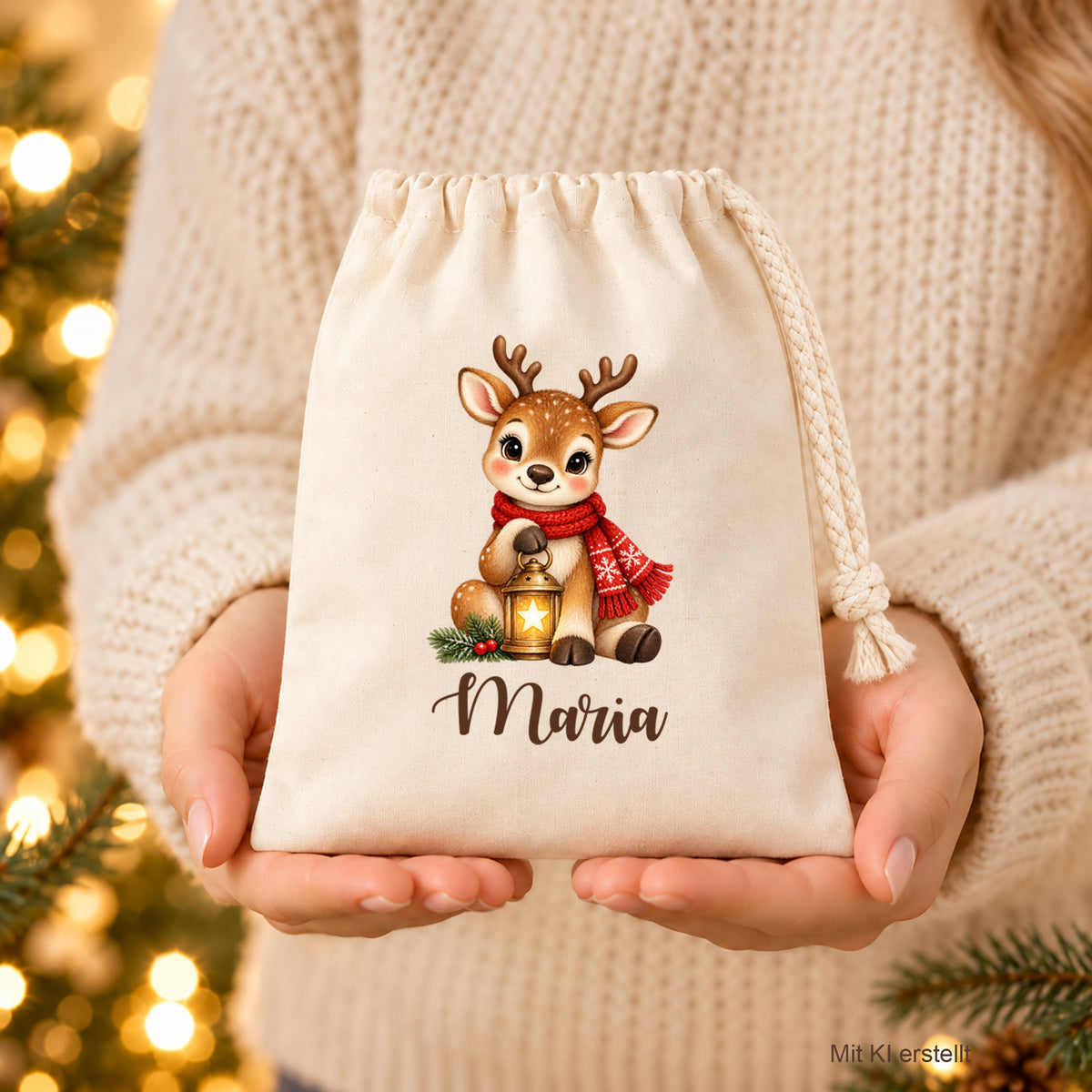 Naturfarbenes Nikolaussäckchen mit Rentier mit Sternenlaterne und personalisiertem Namen in zwei Händen vor einem cremefarbenen Pullover.