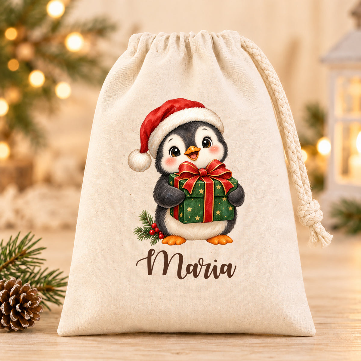 Nikolaussäckchen Pinguin mit Geschenk mit Wunschname in Natur, 15 × 20 cm