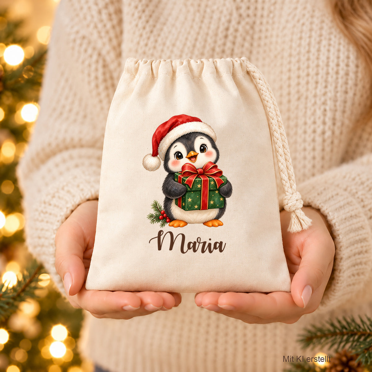 Naturfarbenes Nikolaussäckchen mit Pinguin mit Geschenk und personalisiertem Namen in zwei Händen vor einem cremefarbenen Pullover.