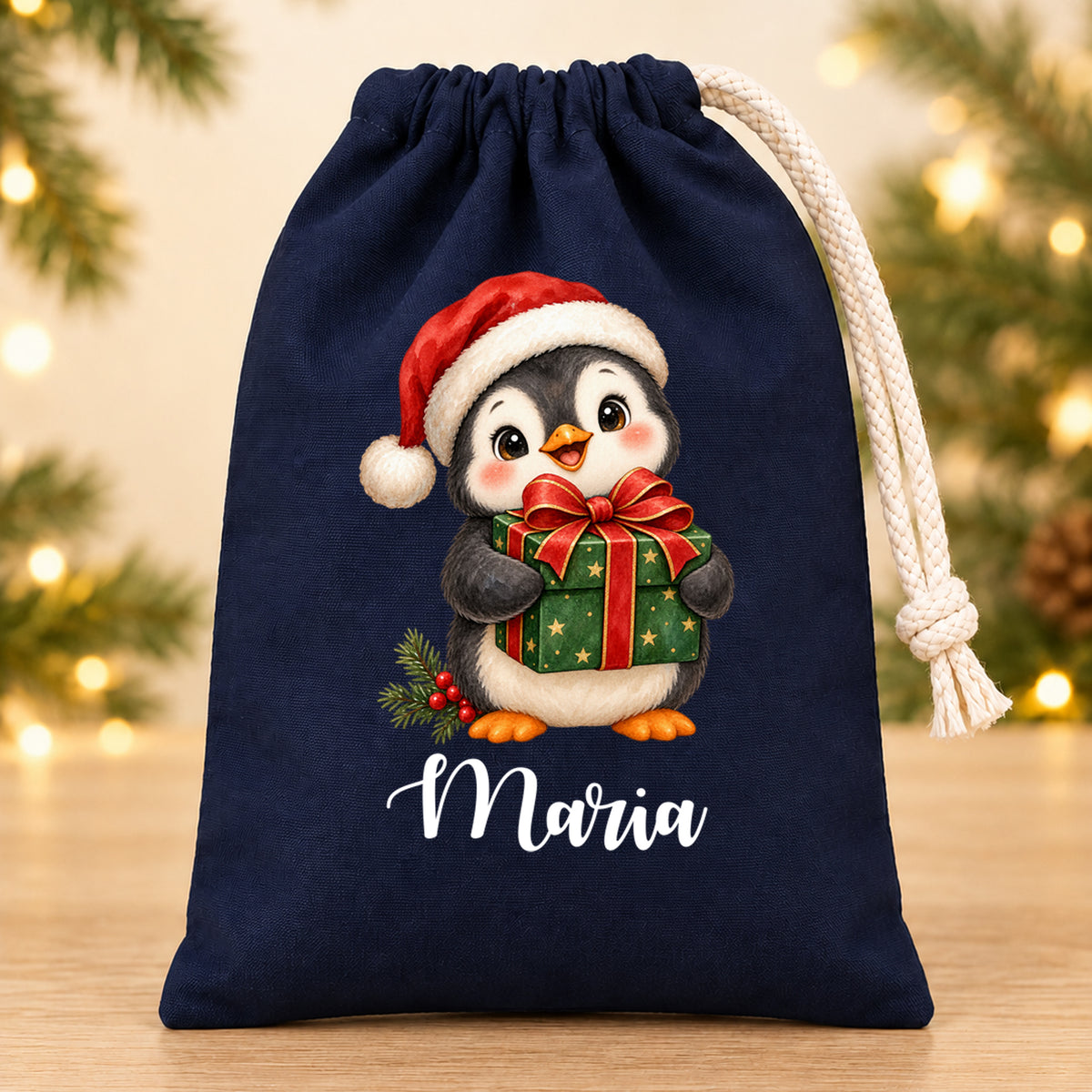 Nikolaussäckchen Pinguin mit Geschenk mit Wunschname in Blau, 15 × 20 cm
