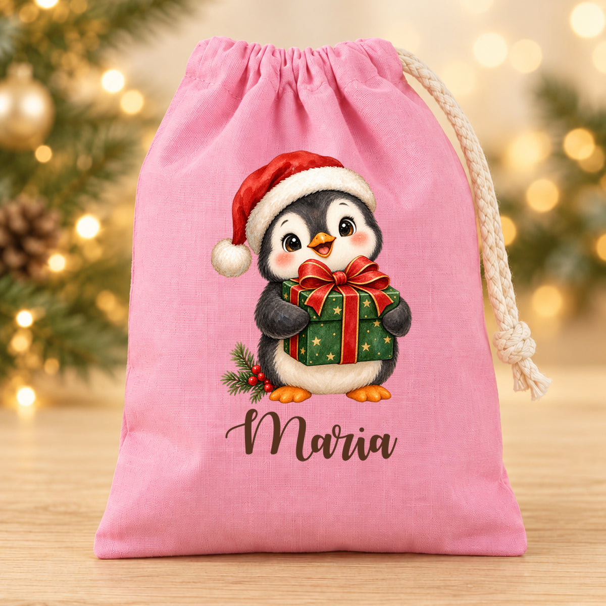 Nikolaussäckchen Pinguin mit Geschenk mit Wunschname in Rosa, 15 × 20 cm