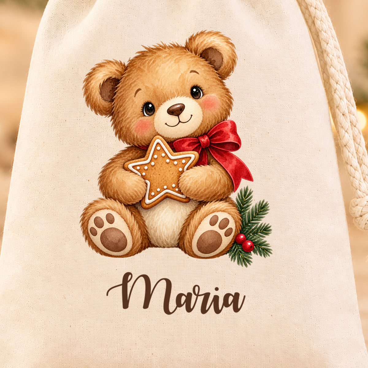 Naturfarbenes Nikolaussäckchen mit Weihnachtsbär mit Lebkuchenstern und personalisiertem Namen in Nahaufnahme mit gut sichtbarem Motiv und Namensdruck.