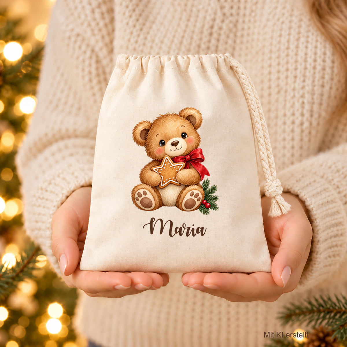 Naturfarbenes Nikolaussäckchen mit Weihnachtsbär mit Lebkuchenstern und personalisiertem Namen in zwei Händen vor einem cremefarbenen Pullover.
