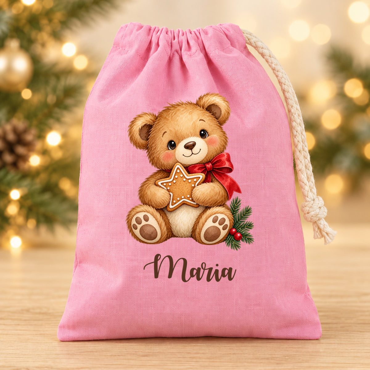 Nikolaussäckchen Weihnachtsbaer mit Lebkuchenstern mit Wunschname in Rosa, 15 × 20 cm