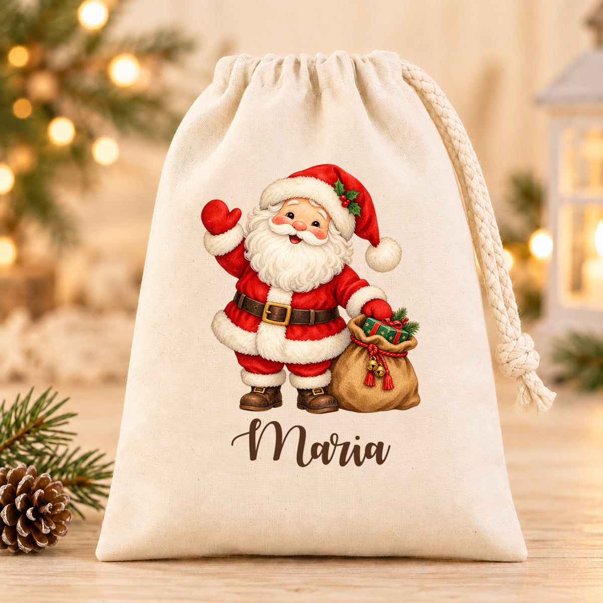 Nikolaussäckchen Weihnachtsmann mit Geschenkesack mit Wunschname in Natur, 15 × 20 cm