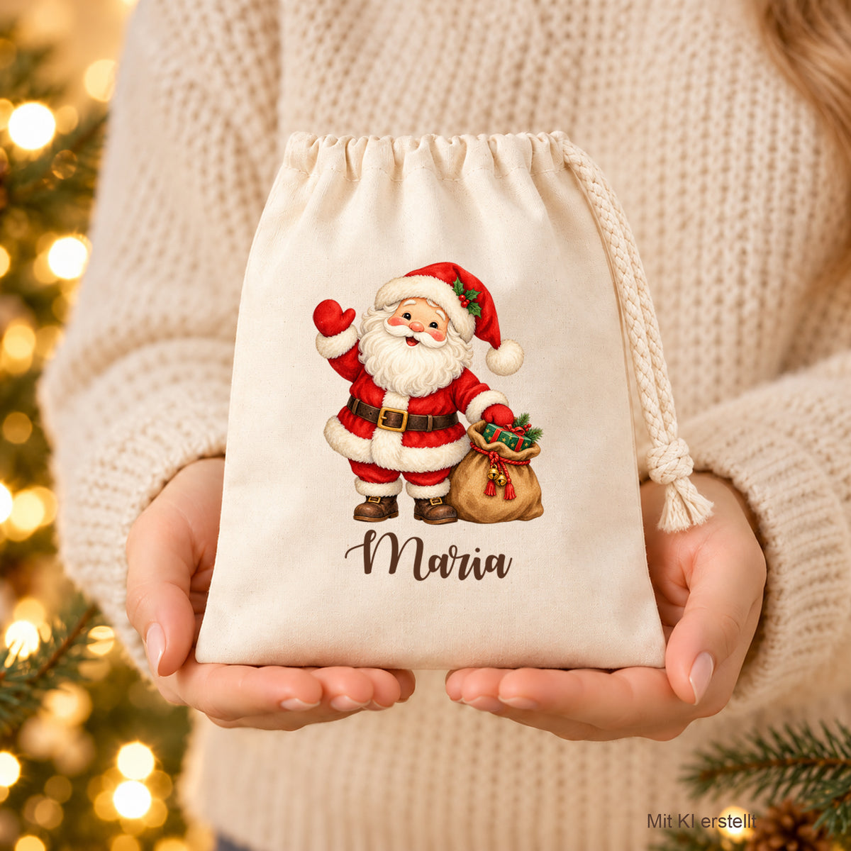 Naturfarbenes Nikolaussäckchen mit Weihnachtsmann mit Geschenkesack und personalisiertem Namen in zwei Händen vor einem cremefarbenen Pullover.