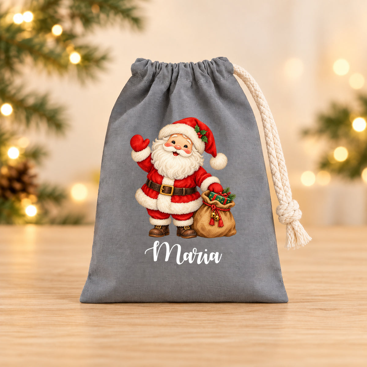 Nikolaussäckchen Weihnachtsmann mit Geschenkesack mit Wunschname in Grau, 15 × 20 cm