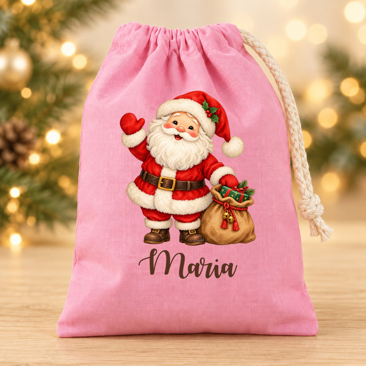 Nikolaussäckchen Weihnachtsmann mit Geschenkesack mit Wunschname in Rosa, 15 × 20 cm