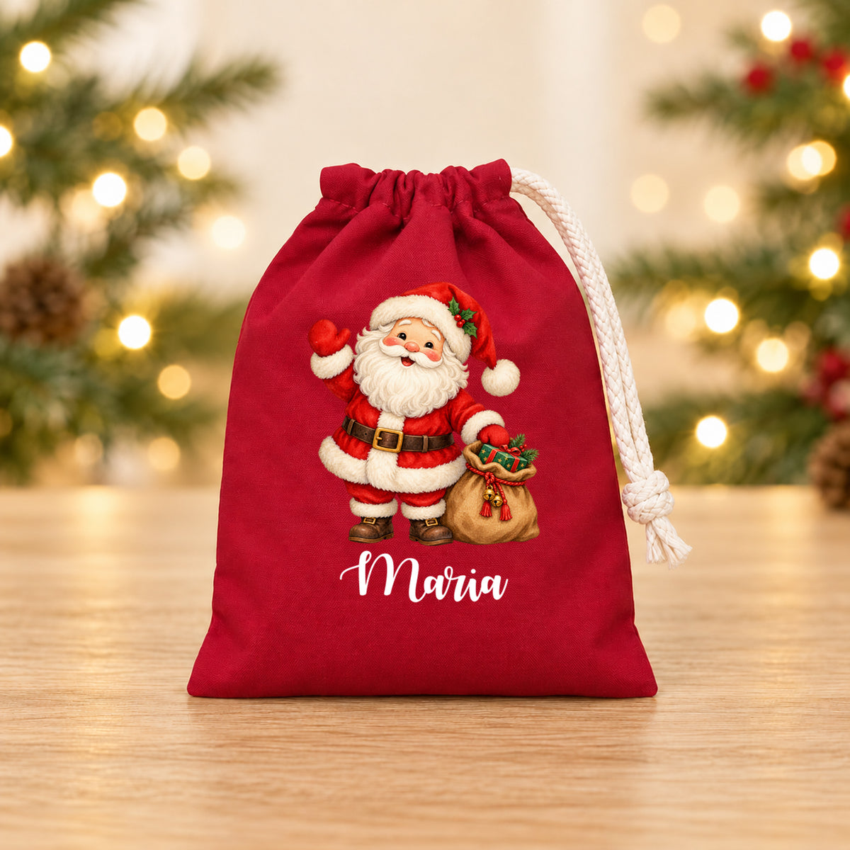Nikolaussäckchen Weihnachtsmann mit Geschenkesack mit Wunschname in Rot, 15 × 20 cm