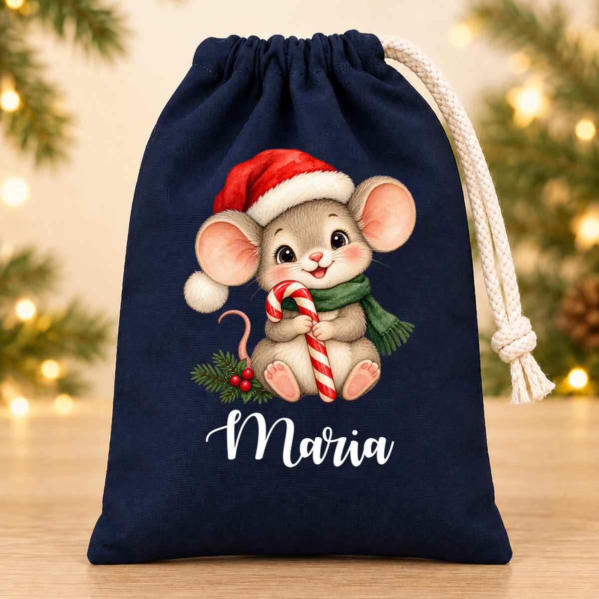 Nikolaussäckchen Weihnachtsmaus mit Zuckerstange mit Wunschname in Blau, 15 × 20 cm