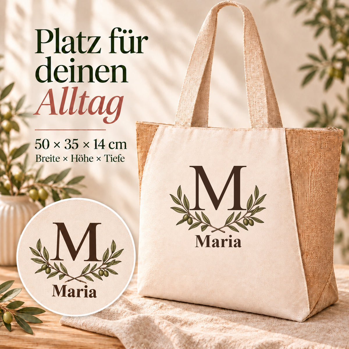 Shopper mit Olivenzweigpaar und Maßangaben: 50 × 35 × 14 cm.