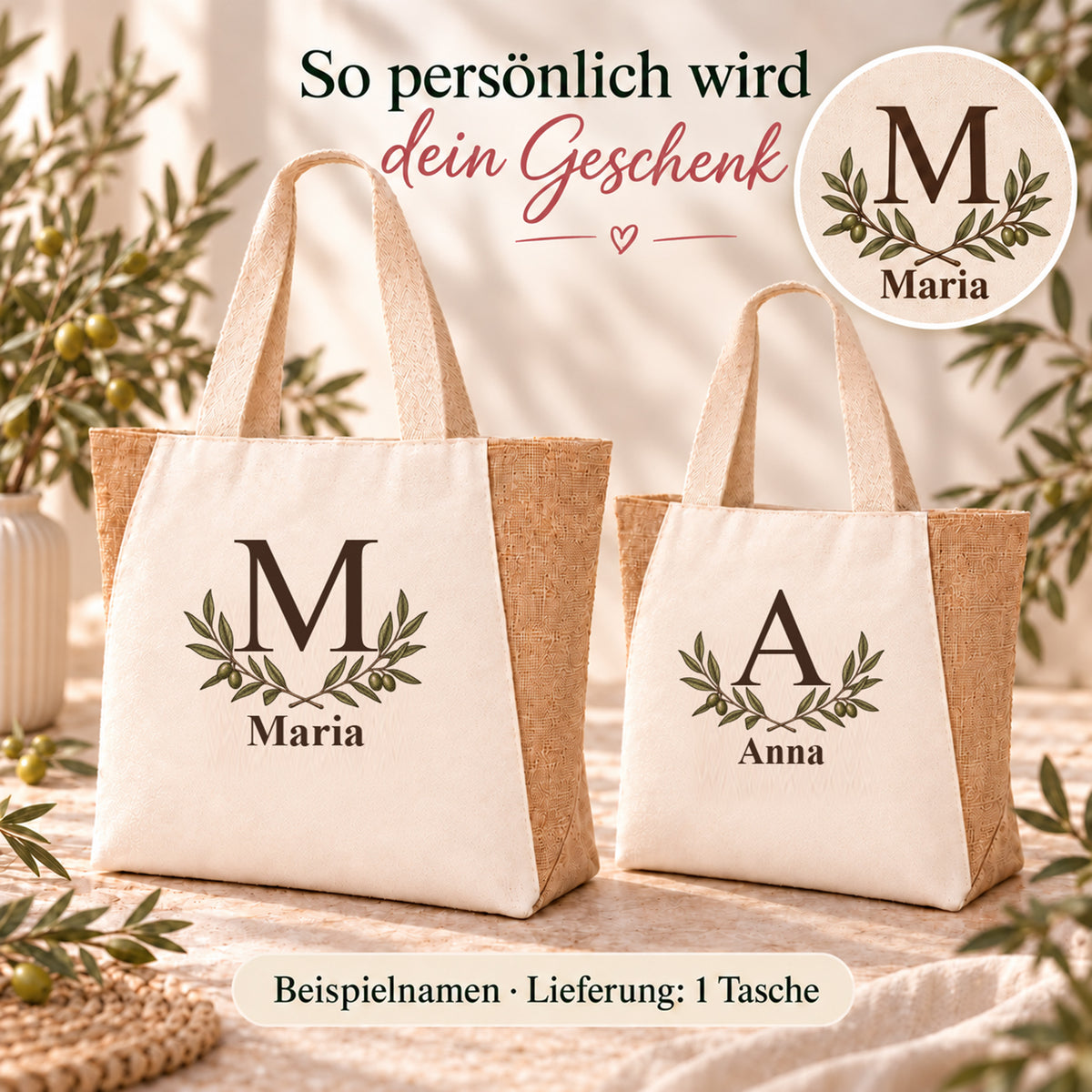 Shopper mit Olivenzweigpaar: Wunschname und daraus abgeleiteter Anfangsbuchstabe.