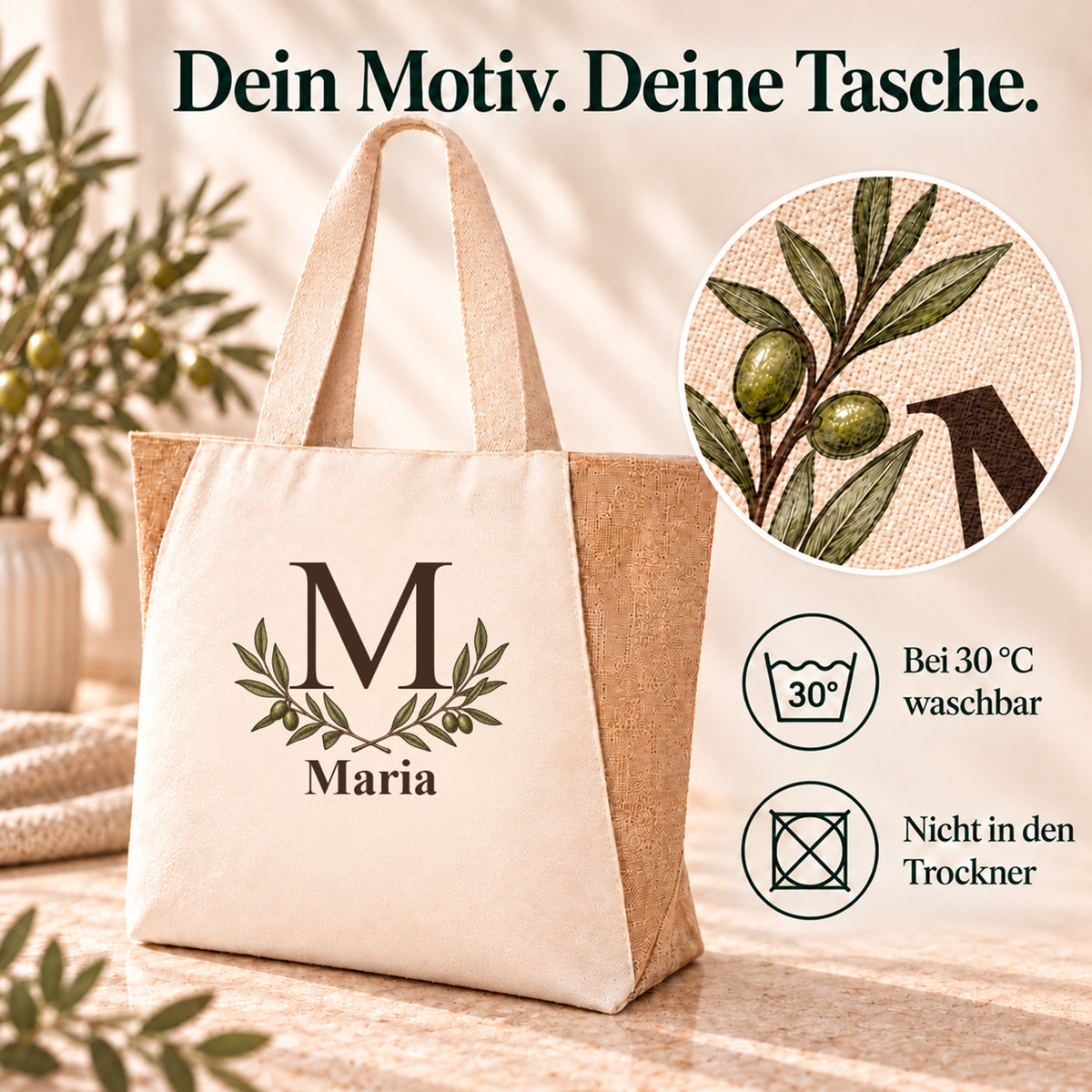 Pflege des Shoppers mit Olivenzweigpaar: bei 30 °C waschbar, nicht für den Trockner.