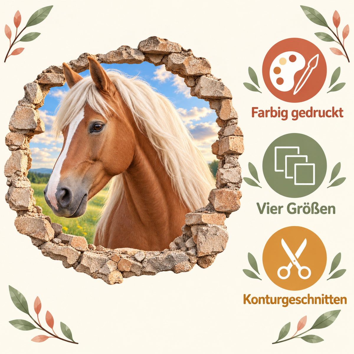 Eigenschaftsbild zum Wandtattoo Pferd Haflinger: farbig gedruckt, vier Größen, konturgeschnitten
