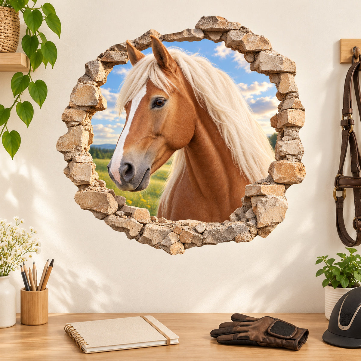 Wandtattoo Pferd Haflinger über einem Holztisch mit beigefarbenem Notizbuch und Reithandschuhen