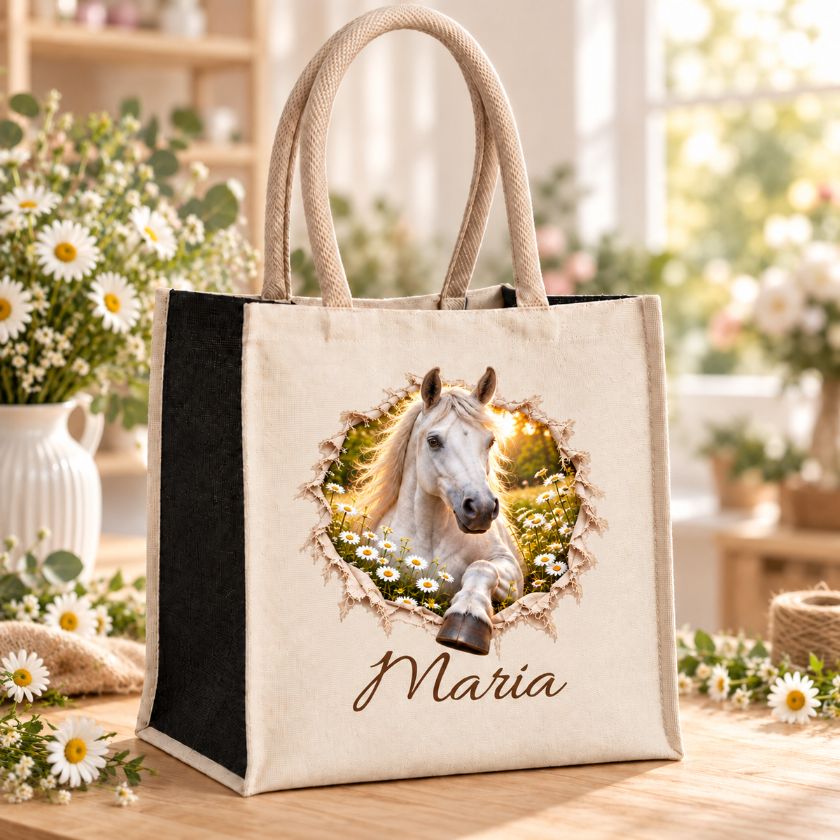 Tasche mit dem Motiv eines Schimmels auf einem Holztisch im Blumenatelier.