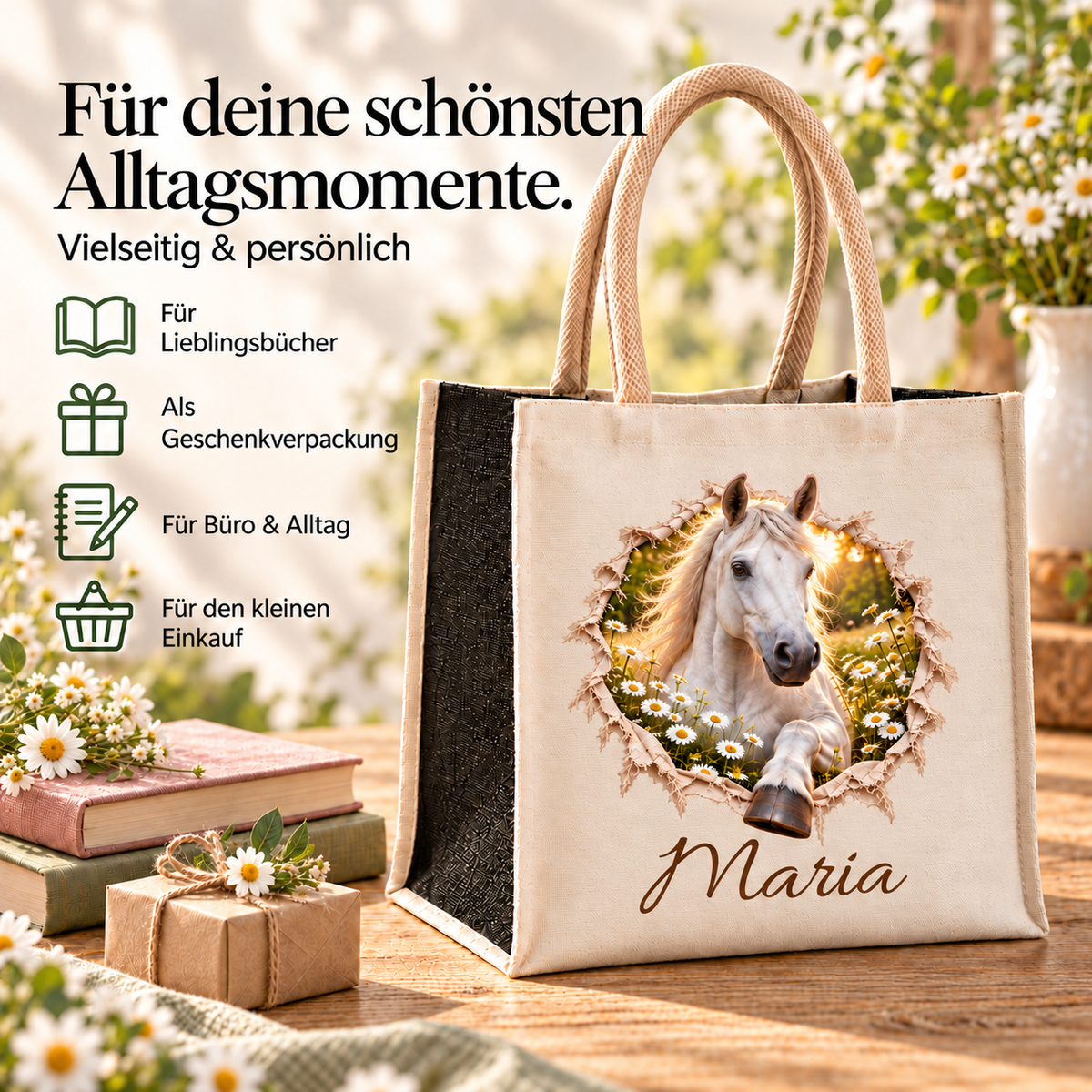 Tasche mit dem Motiv eines Schimmels neben Buch und Hinweisen zur Verwendung im Alltag.