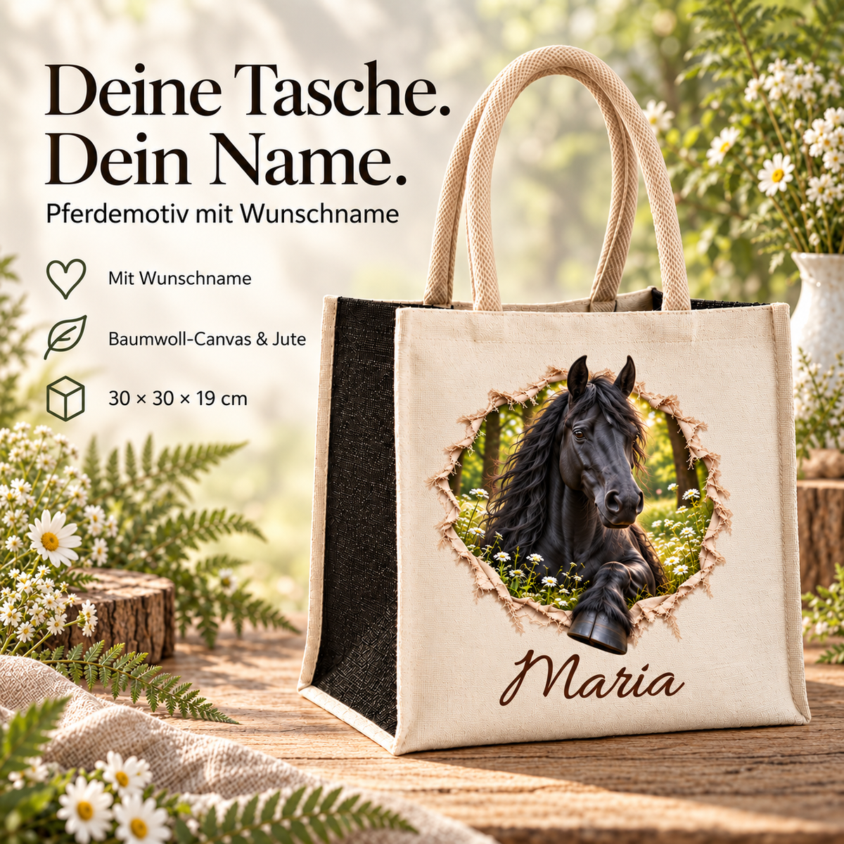 Tasche mit dem Motiv eines Friesen neben Angaben zu Wunschname, Material und Maßen.