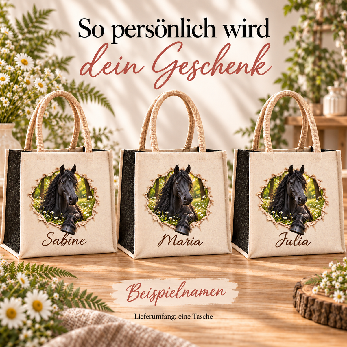 Drei Taschen mit dem gleichen Motiv eines Friesen und unterschiedlichen Namensaufdrucken.