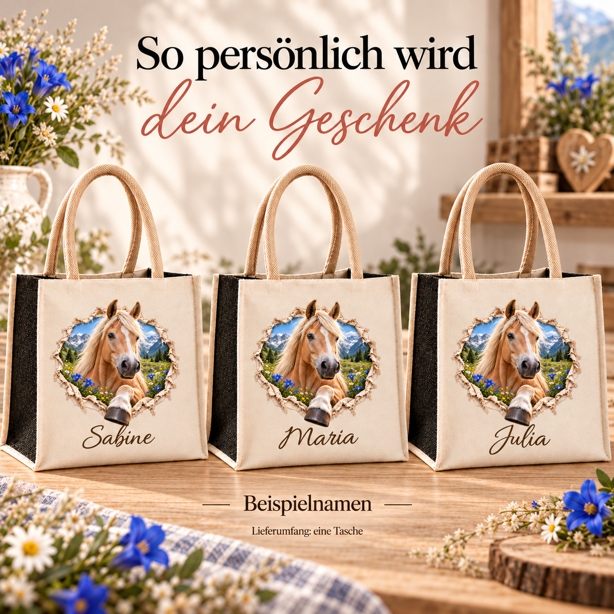 Drei Taschen mit dem gleichen Motiv eines Haflingers und unterschiedlichen Namensaufdrucken.