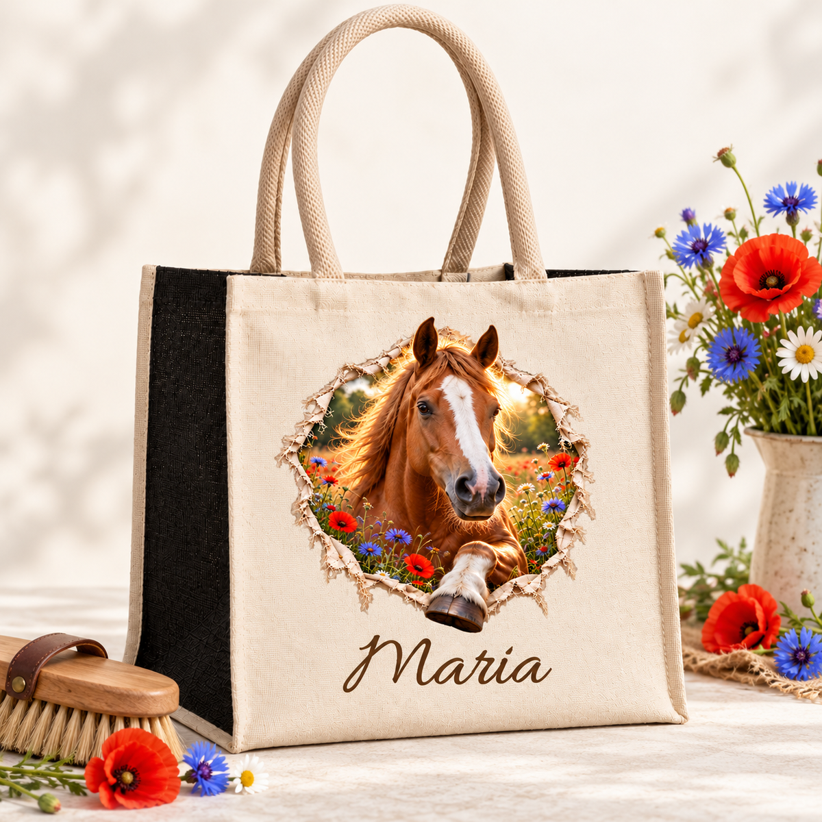 Naturbeige Tasche mit dem Motiv eines fuchsfarbenen Pferdes, daneben Bürste und Blumen.