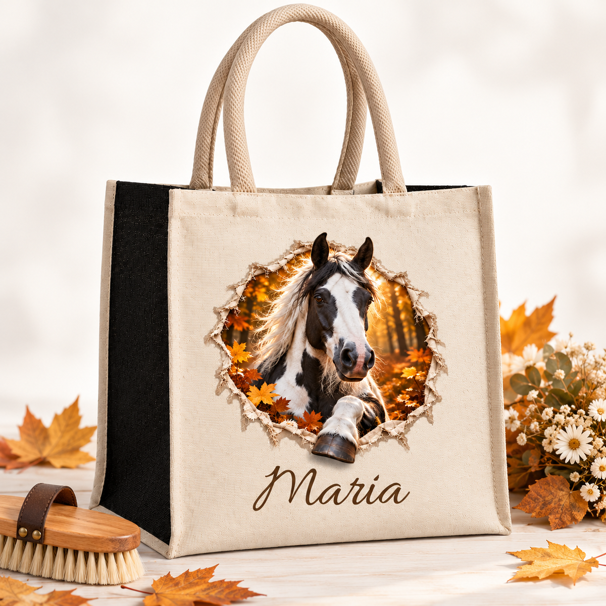 Naturbeige Tasche mit dem Motiv eines Schecken, daneben Bürste und Blumen.