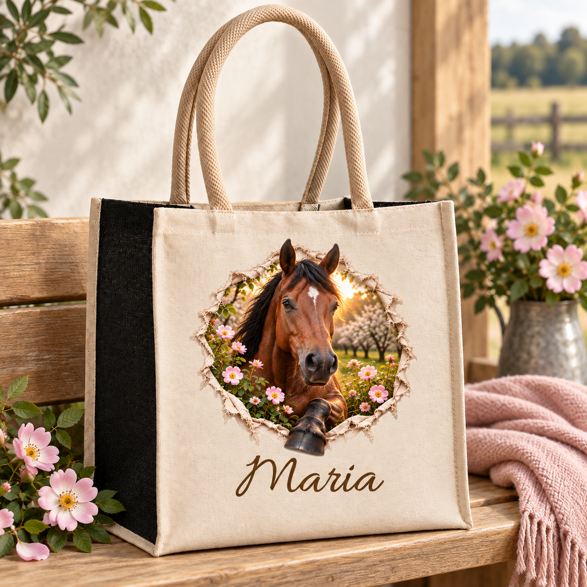 Tasche mit schwarzen Seiten und dem Motiv eines braunen Pferdes auf einer hellen Holzbank.