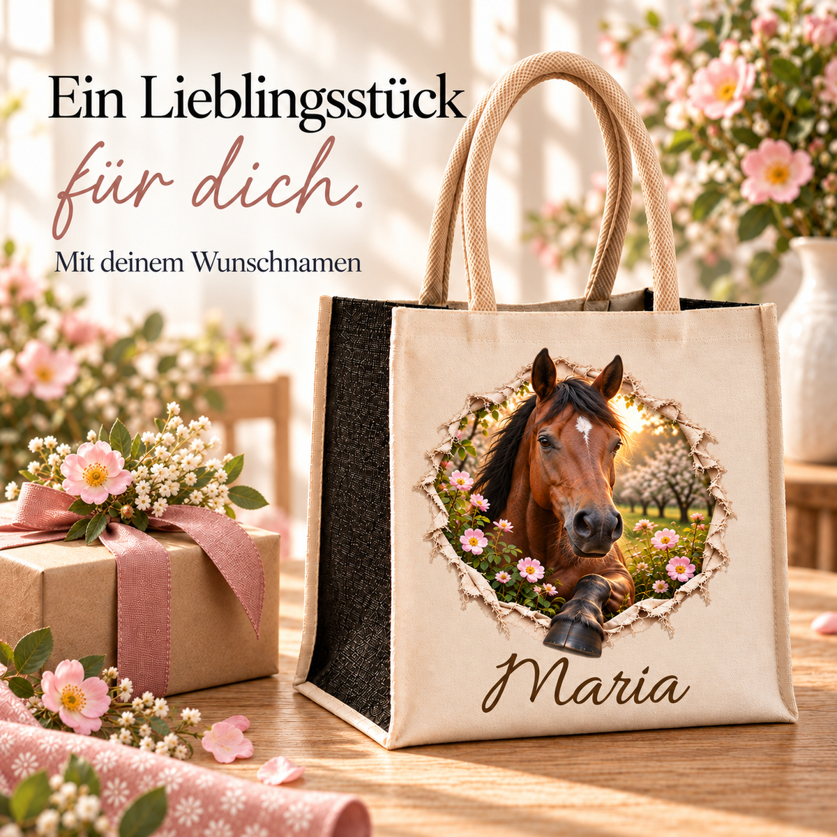 Tasche mit dem Motiv eines braunen Pferdes neben verpacktem Geschenk und Blumen auf Holz.