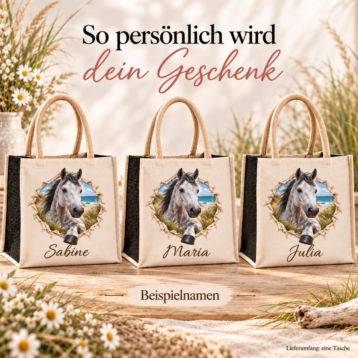 Drei Taschen mit dem gleichen Motiv eines Apfelschimmels und unterschiedlichen Namensaufdrucken.